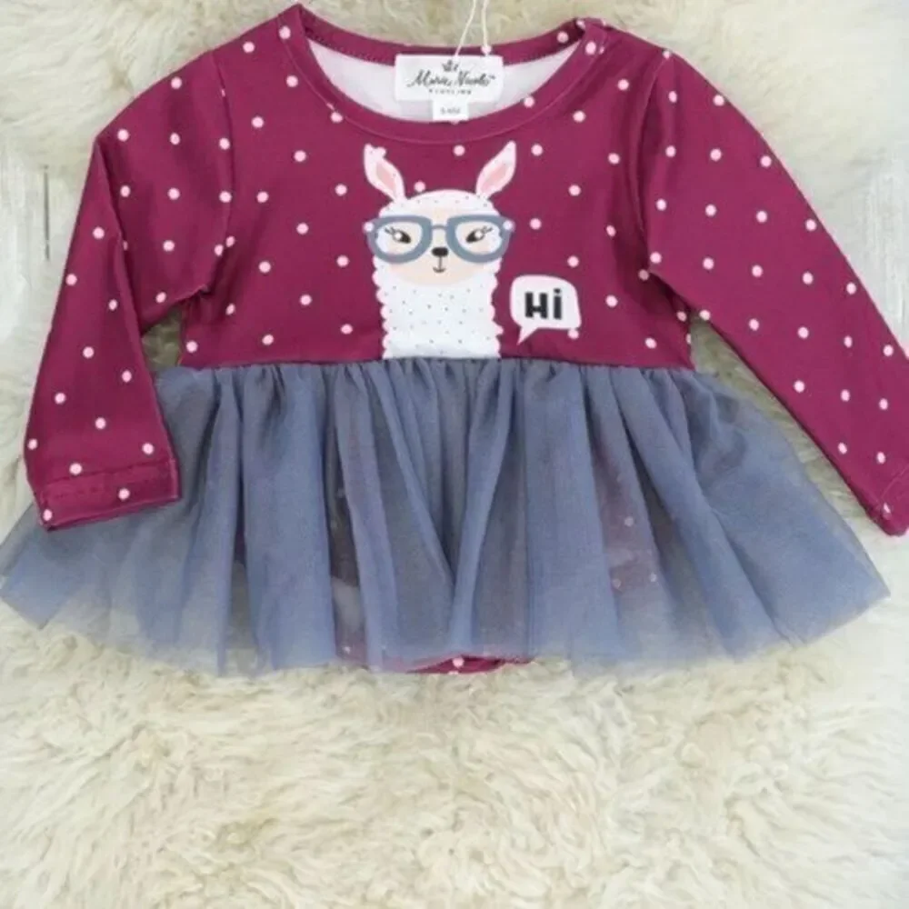 NWT Girls Maroon Llama Romper with Gray Lined Tulle Tutu & Polka Dots